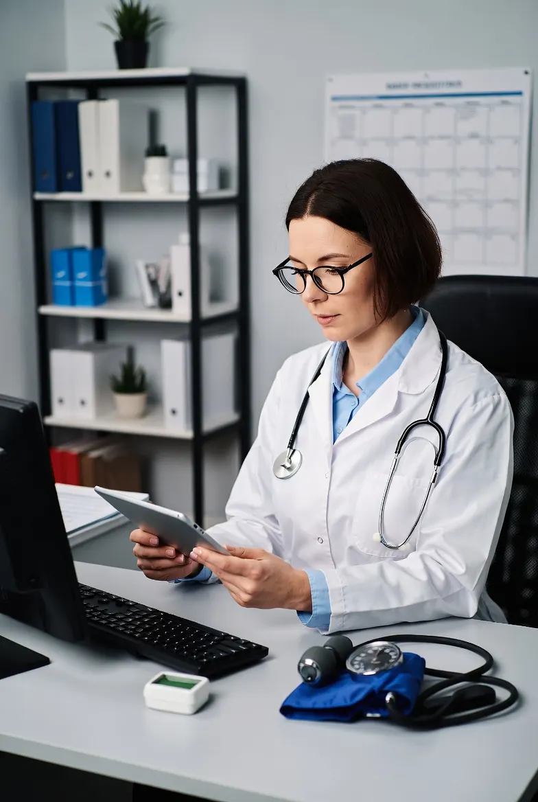 Médica revisando su agenda en el consultorio