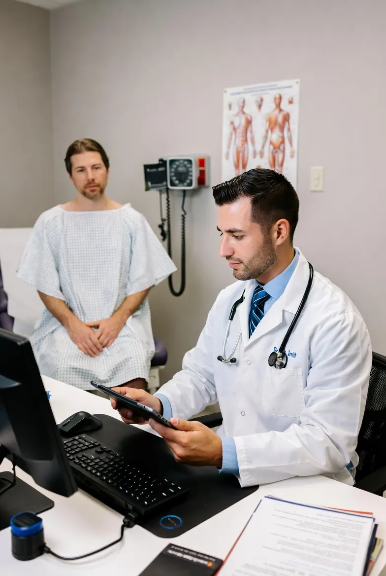 Médico revisando su dispositivo mientras el paciente espera