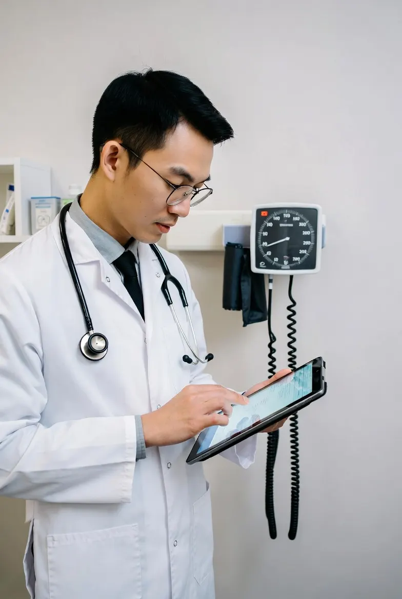 Médico consultando datos clínicos en su tableta